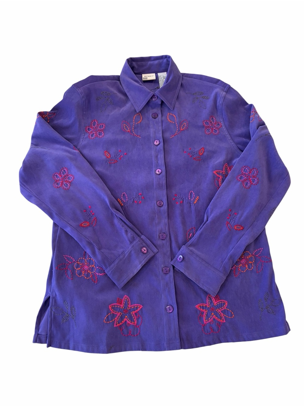 Vintage Koret Purple Embroidered Floral Button Front Shirt Womens Small